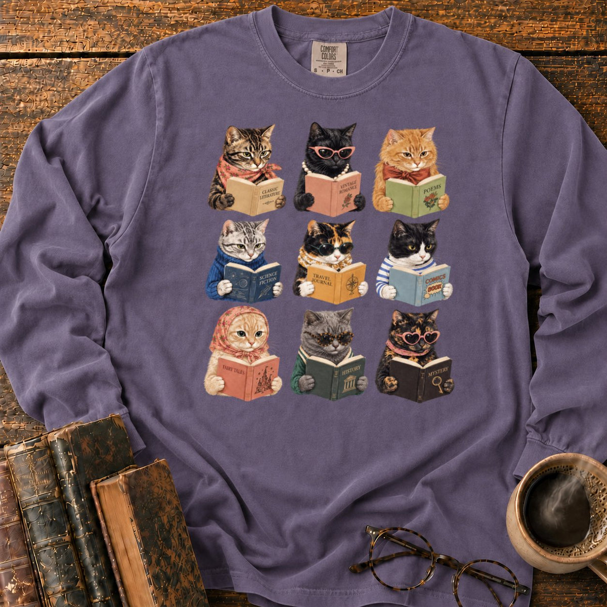 Nine Vintage Cats Reading In A Grid LS T-Shirt in Grape – BooksThreads
