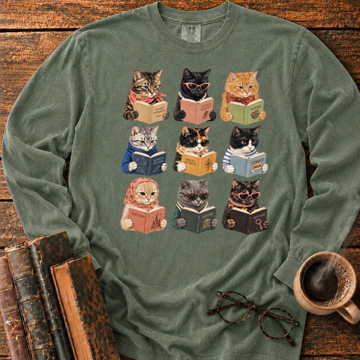 Nine Vintage Cats Reading In A Grid LS T-Shirt in Hemp – BooksThreads