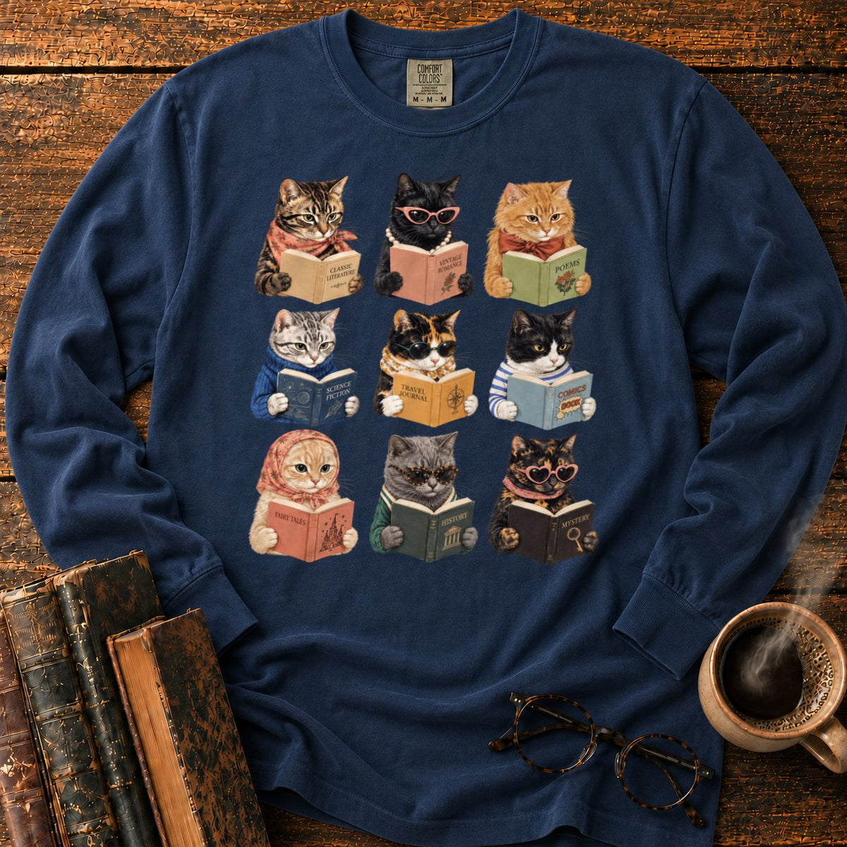 Nine Vintage Cats Reading In A Grid LS T-Shirt in Midnight – BooksThreads