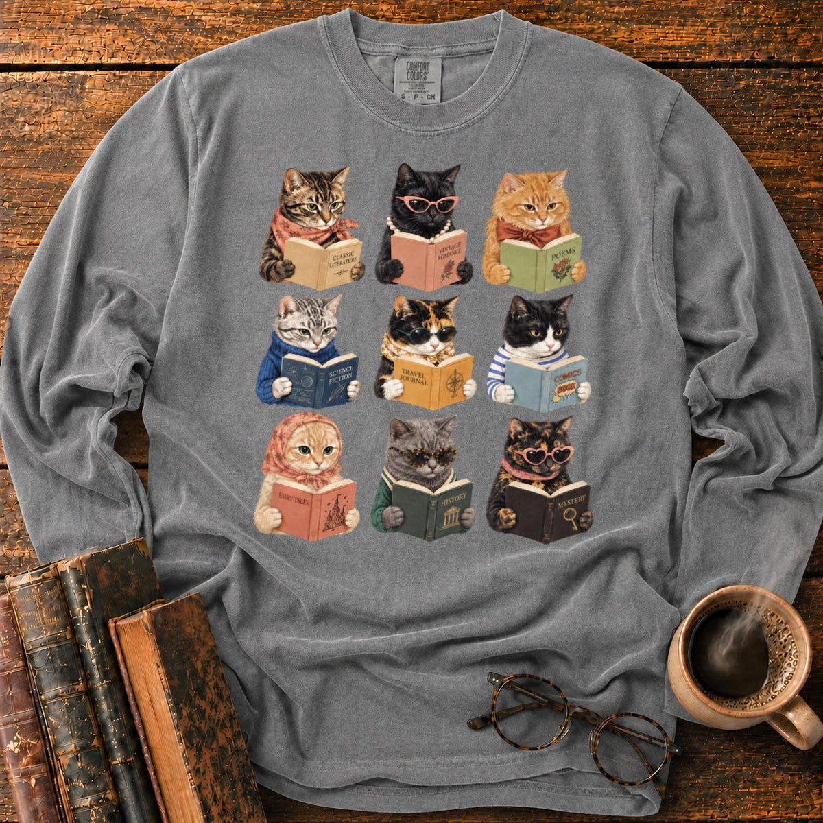 Nine Vintage Cats Reading In A Grid LS T-Shirt in Pepper – BooksThreads