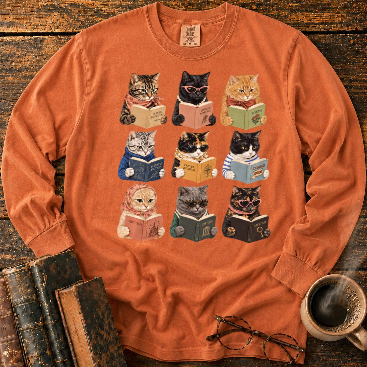 Nine Vintage Cats Reading In A Grid LS T-Shirt in Yam – BooksThreads