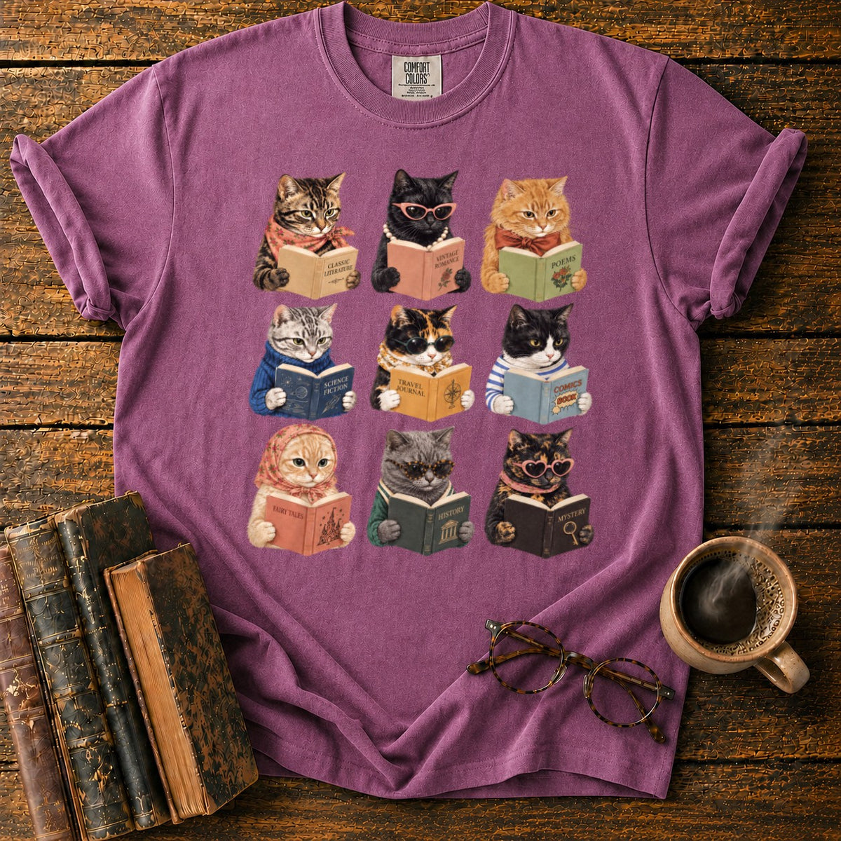 Nine Vintage Cats Reading In A Grid T-Shirt in Berry – BooksThreads