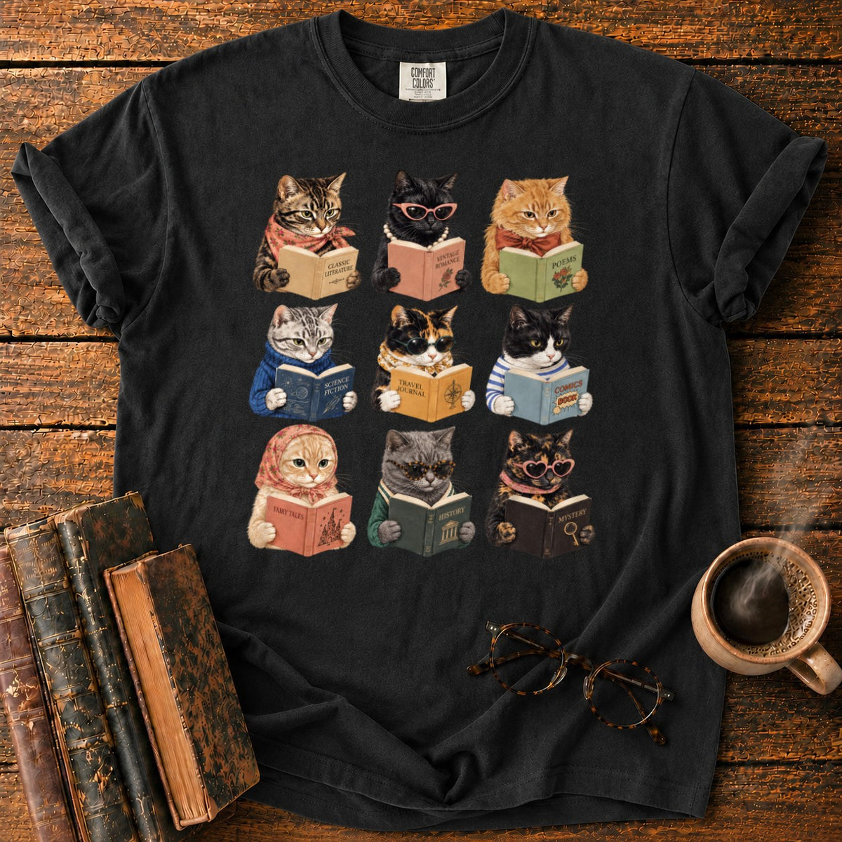 Nine Vintage Cats Reading In A Grid T-Shirt in Black – BooksThreads