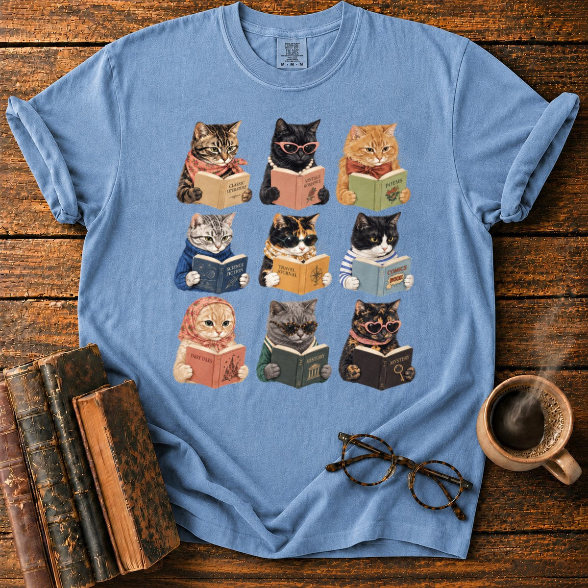 Nine Vintage Cats Reading In A Grid T-Shirt in Blue Jean – BooksThreads