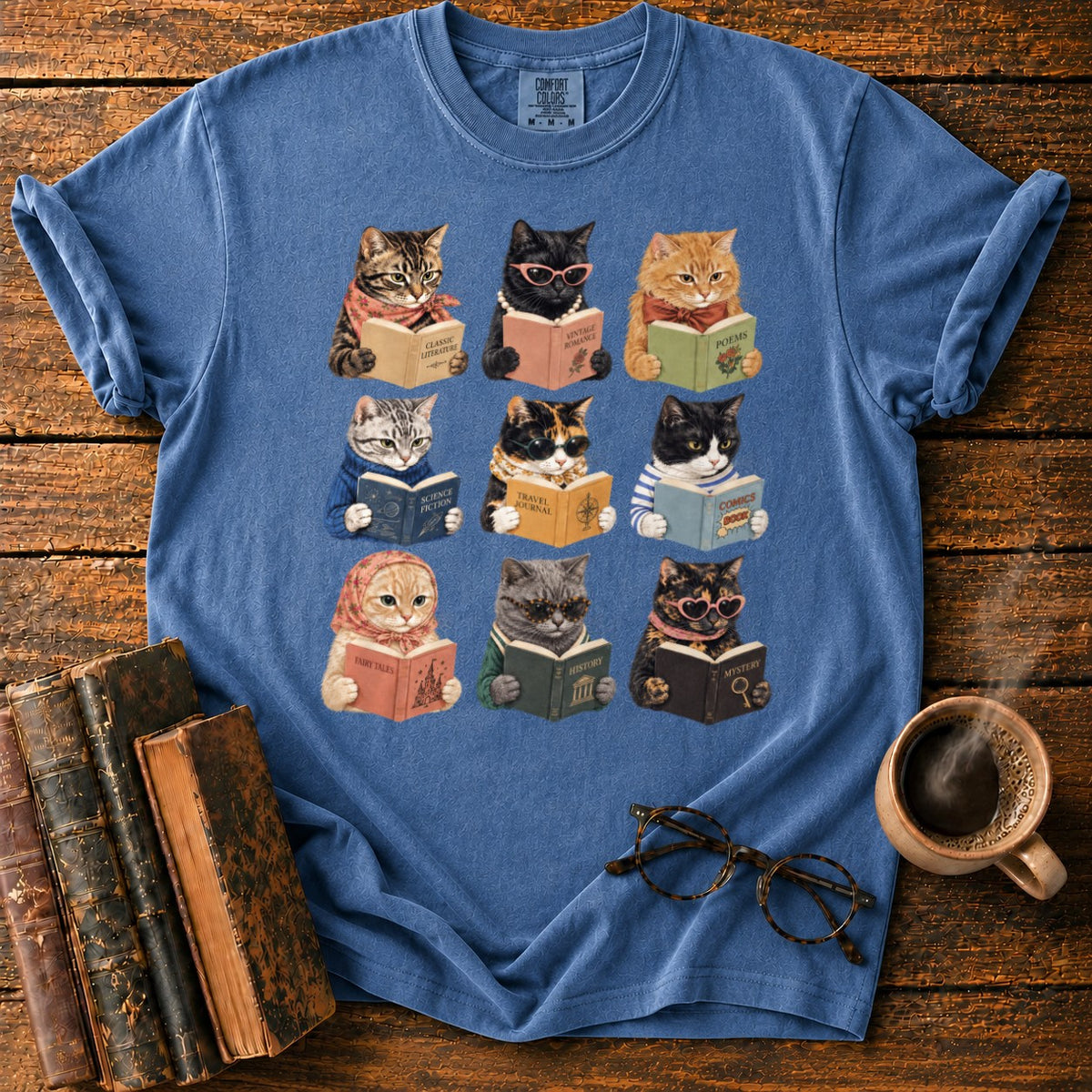 Nine Vintage Cats Reading In A Grid T-Shirt in Denim – BooksThreads