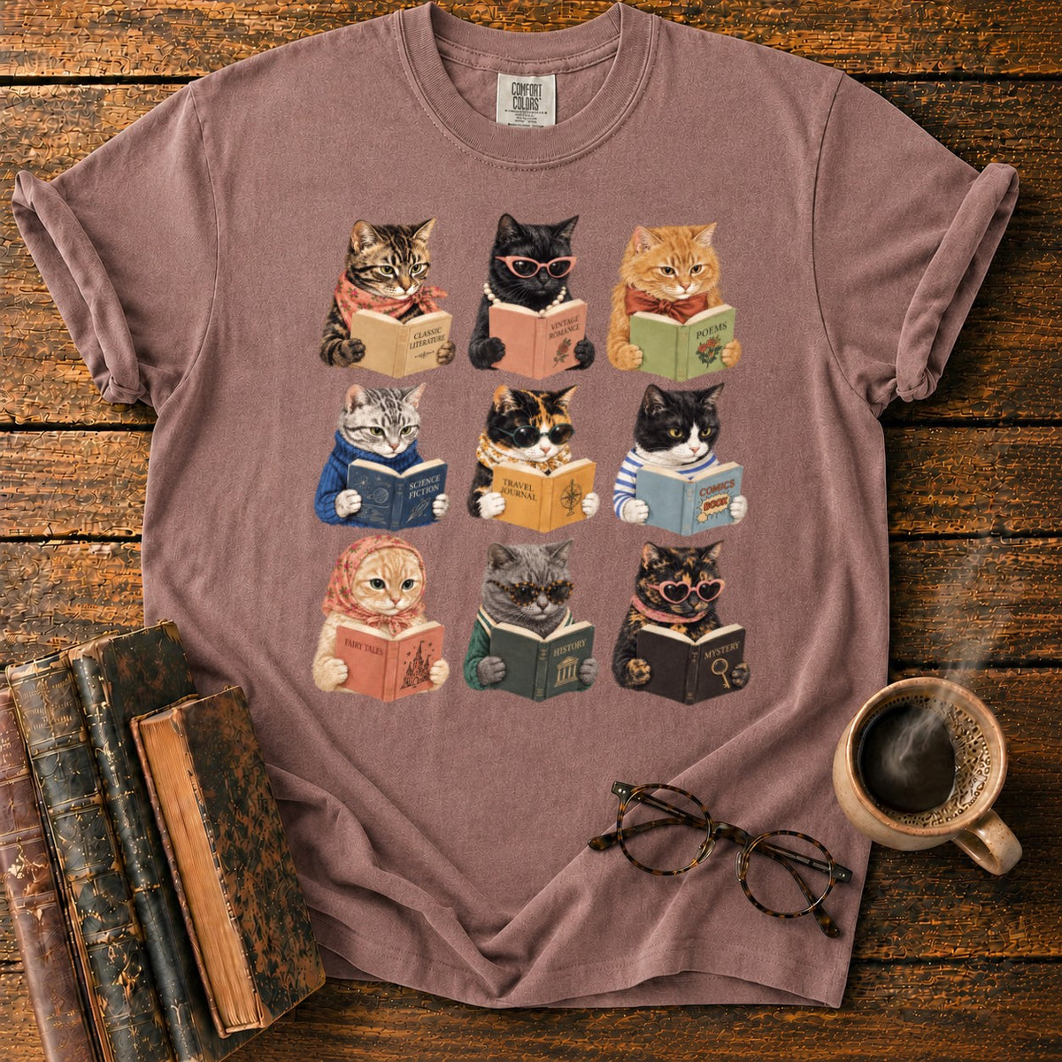 Nine Vintage Cats Reading In A Grid T-Shirt in Espresso – BooksThreads