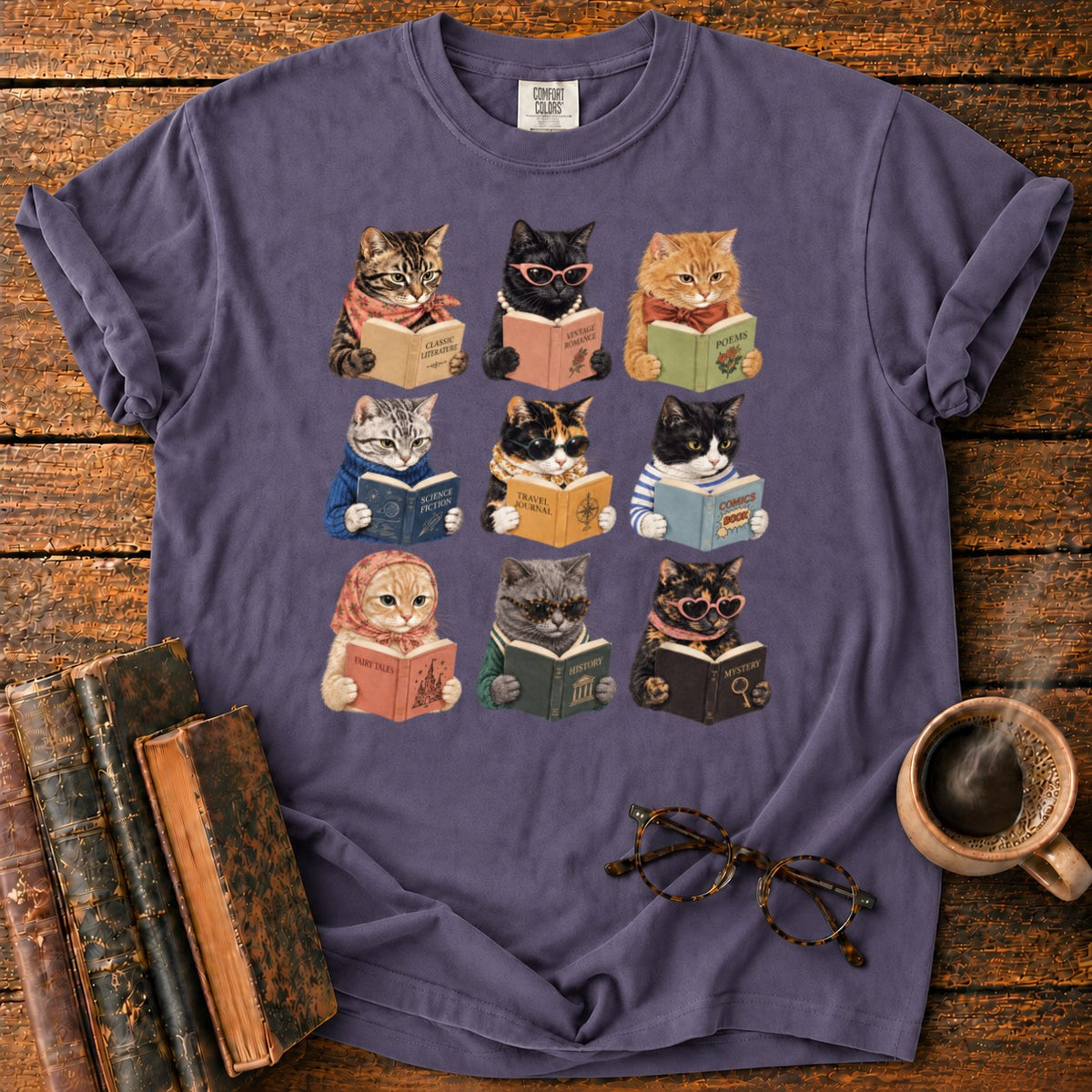Nine Vintage Cats Reading In A Grid T-Shirt in Grape – BooksThreads