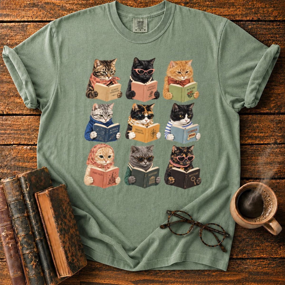 Nine Vintage Cats Reading In A Grid T-Shirt in Moss – BooksThreads
