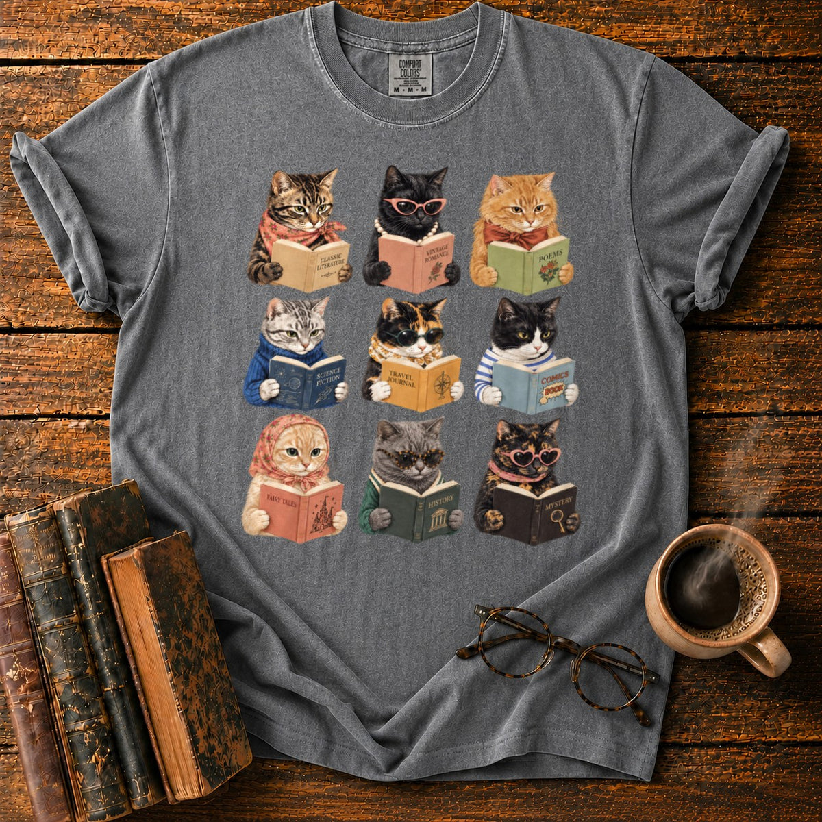Nine Vintage Cats Reading In A Grid T-Shirt in Pepper – BooksThreads