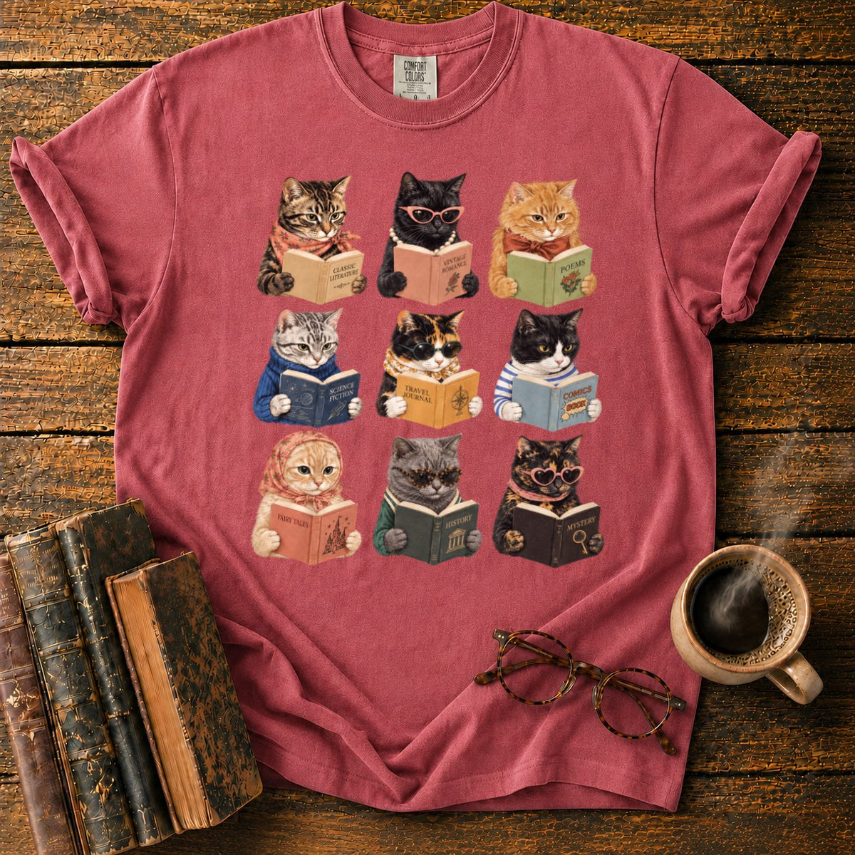 Nine Vintage Cats Reading In A Grid T-Shirt in Watermelon – BooksThreads