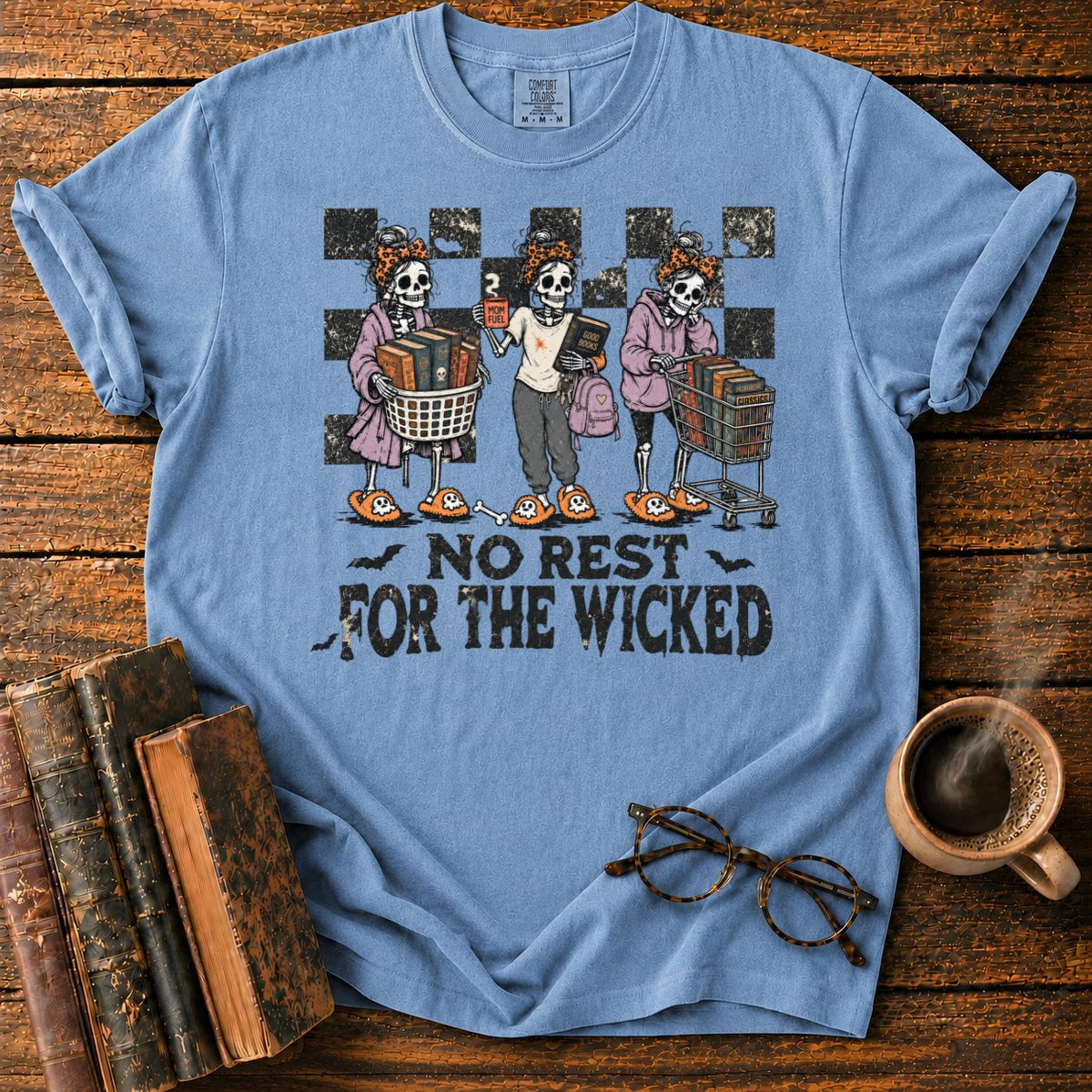 No Rest For The Wicked Skeletons T-Shirt in Blue Jean – BooksThreads