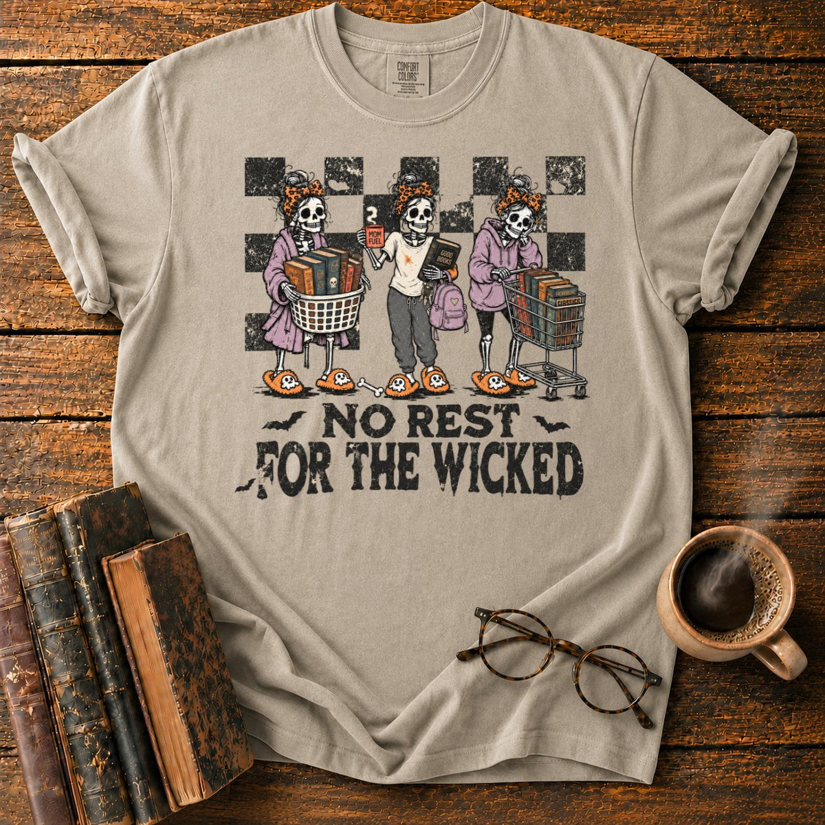 No Rest For The Wicked Skeletons T-Shirt in Khaki – BooksThreads