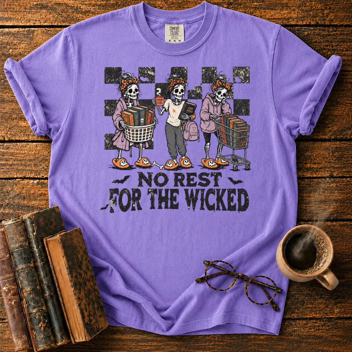 No Rest For The Wicked Skeletons T-Shirt in Violet – BooksThreads