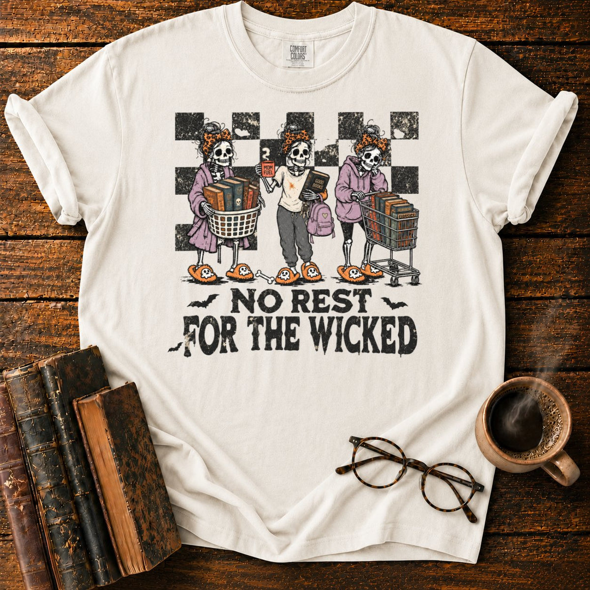 No Rest For The Wicked Skeletons T-Shirt in White – BooksThreads
