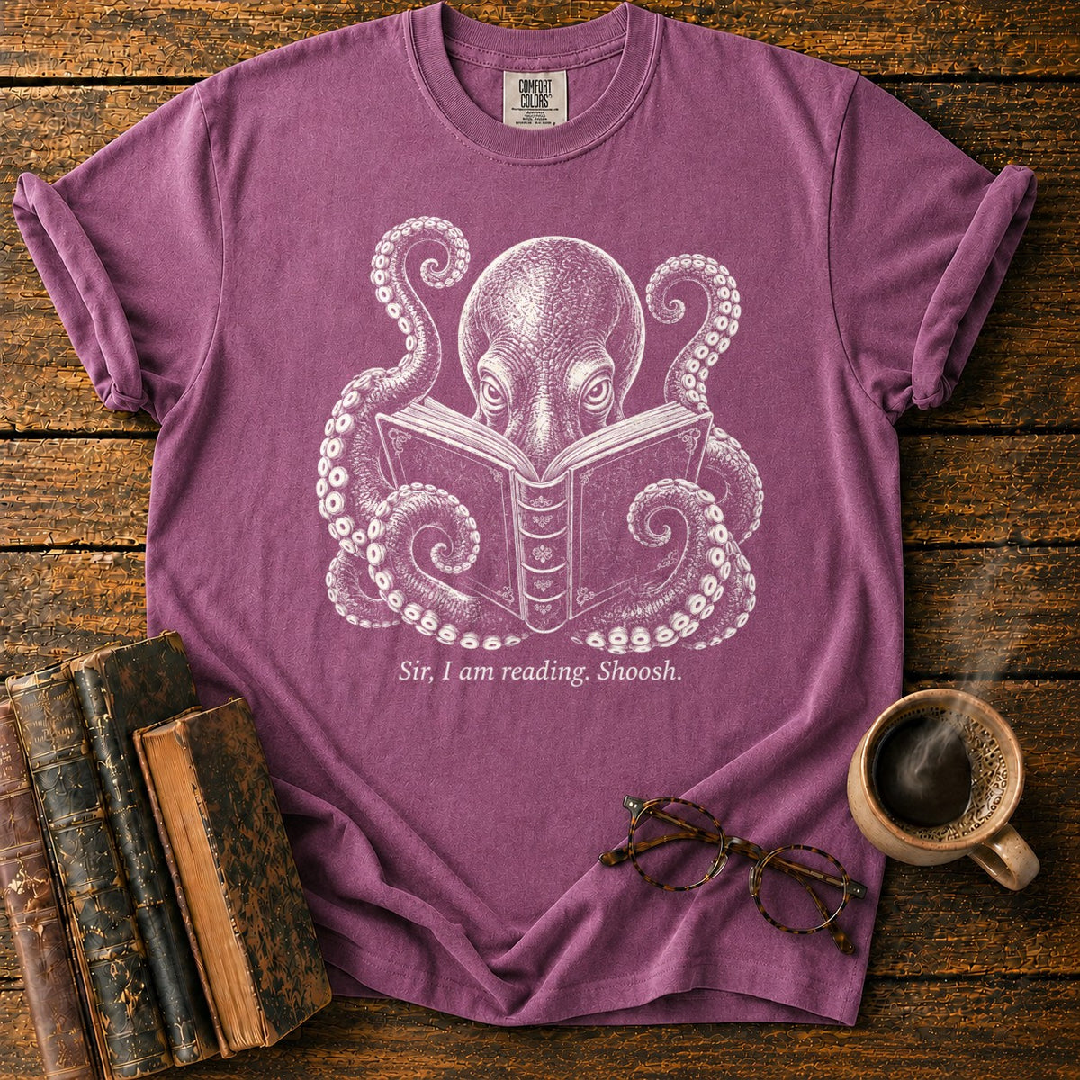 Octopus Reading Shoosh T-Shirt in Berry – BooksThreads
