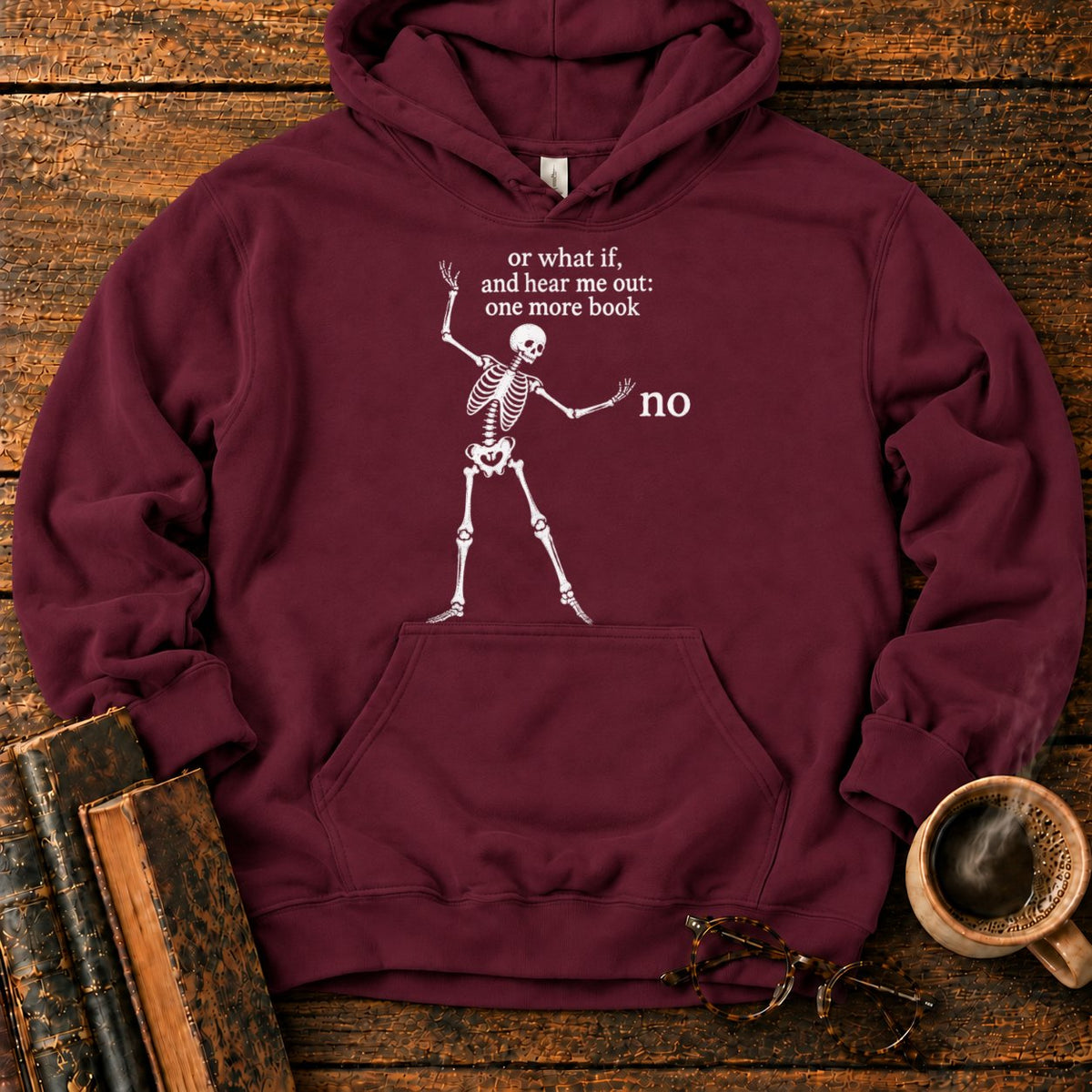 One More Book Skeleton Hoodie in Maroon – BooksThreads