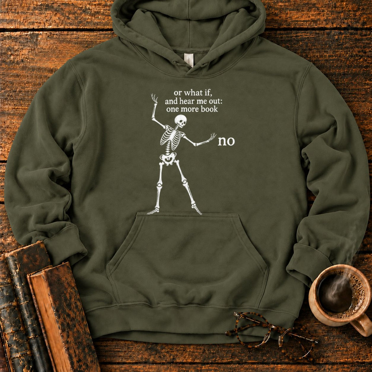 One More Book Skeleton Hoodie in Military Green – BooksThreads