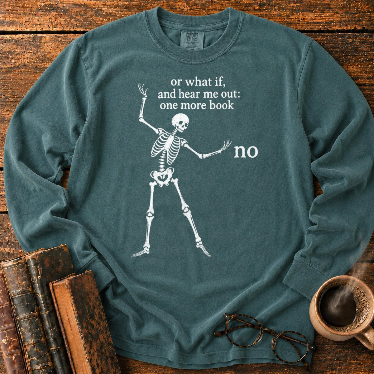 One More Book Skeleton LS T-Shirt in Blue Spruce – BooksThreads