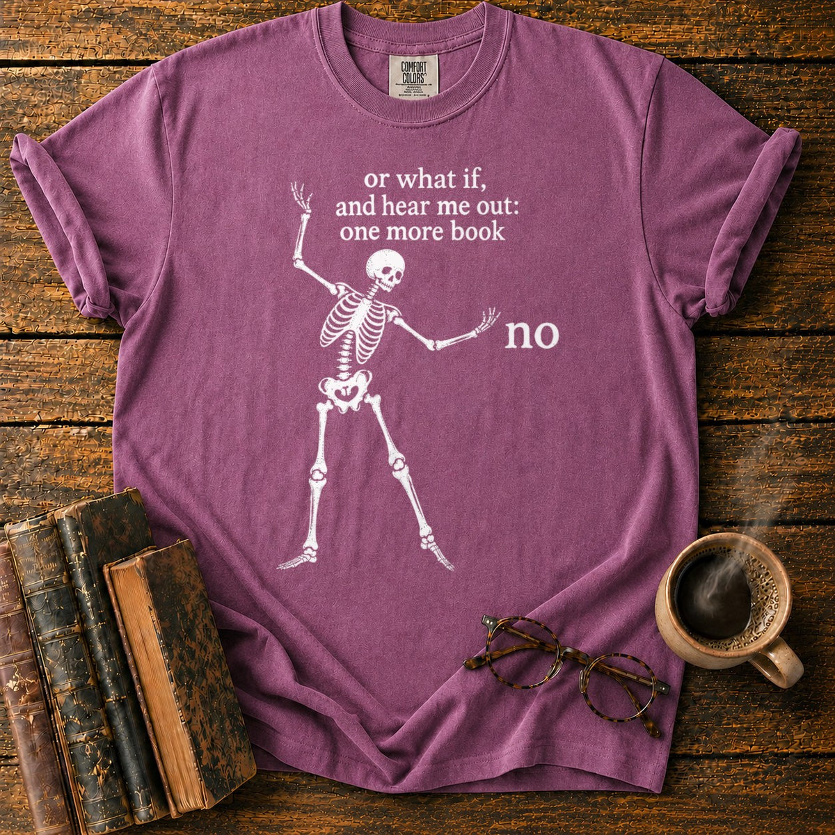 One More Book Skeleton T-Shirt in Berry – BooksThreads