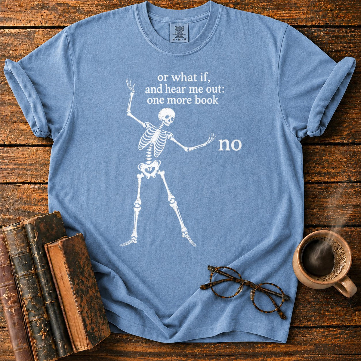 One More Book Skeleton T-Shirt in Blue Jean – BooksThreads
