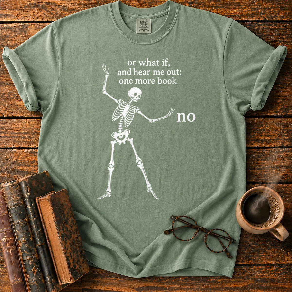 One More Book Skeleton T-Shirt in Moss – BooksThreads