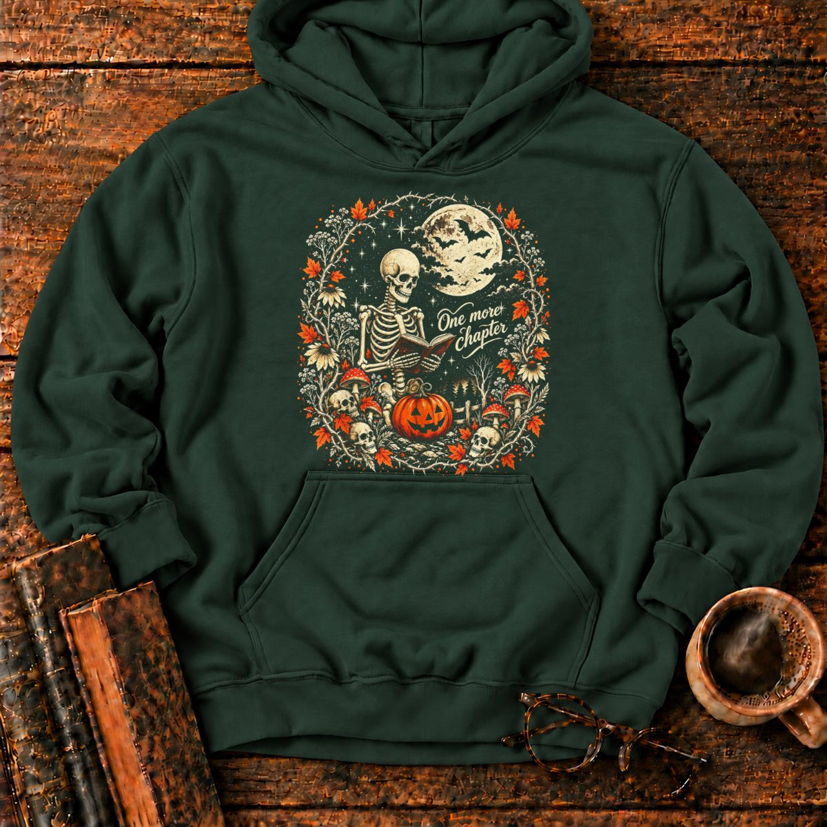 One More Chapter Skeleton Pumpkin Hoodie in Forest Green – BooksThreads