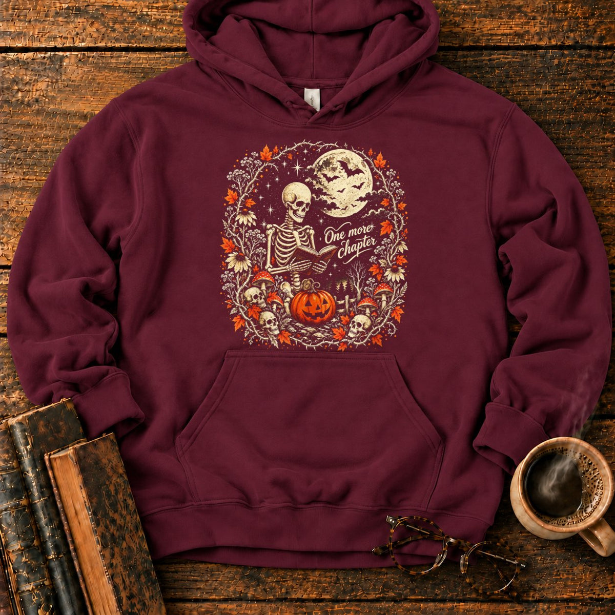 One More Chapter Skeleton Pumpkin Hoodie in Maroon – BooksThreads