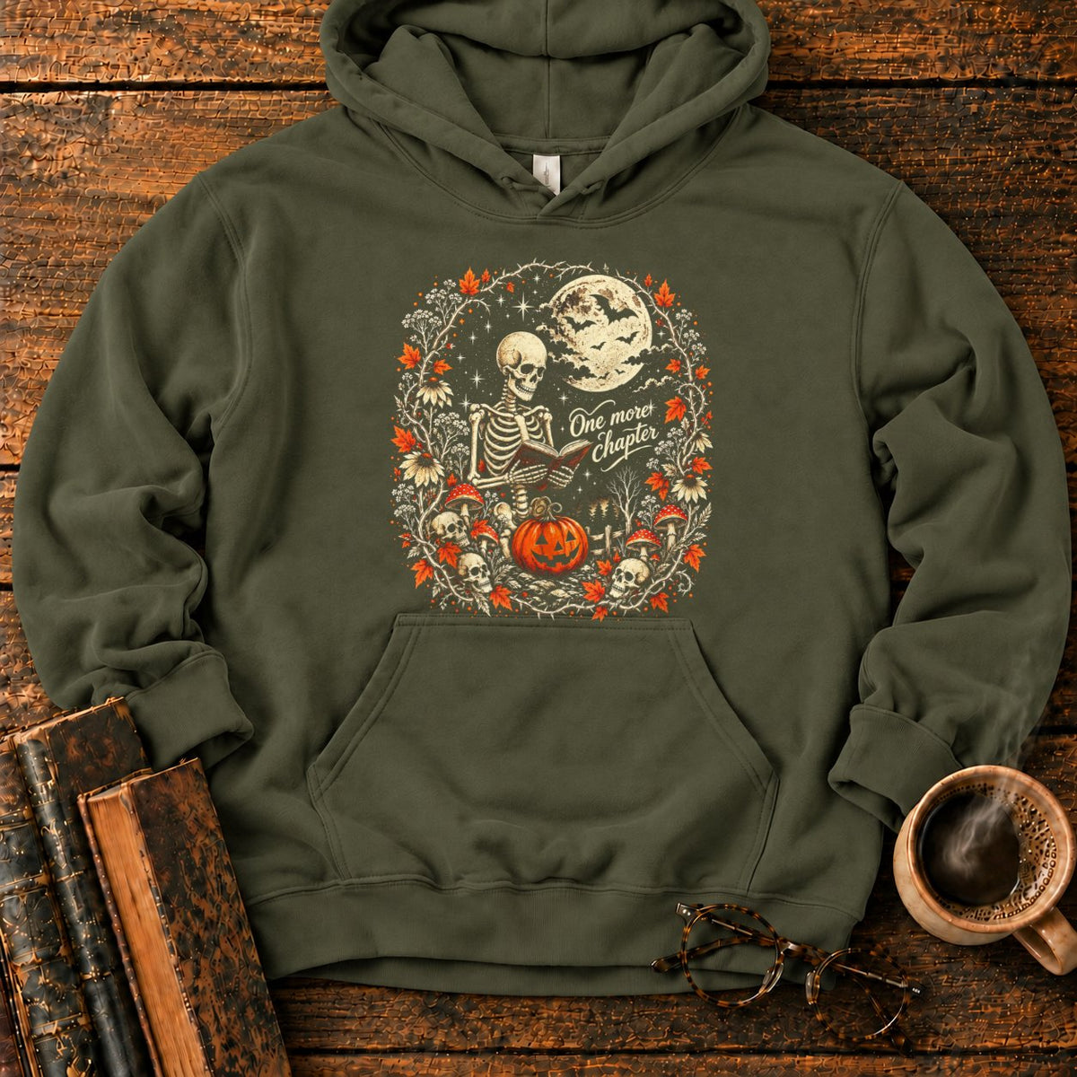 One More Chapter Skeleton Pumpkin Hoodie in Military Green – BooksThreads