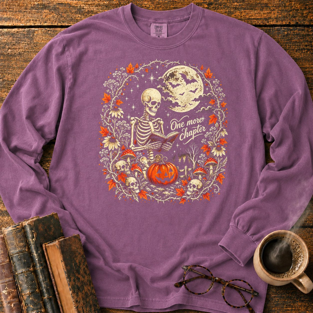 One More Chapter Skeleton Pumpkin LS T-Shirt in Berry – BooksThreads
