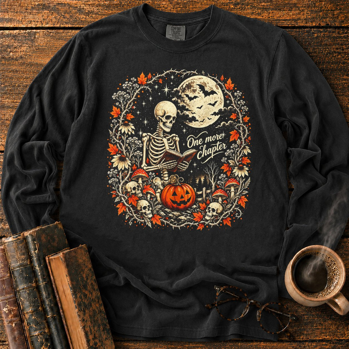 One More Chapter Skeleton Pumpkin LS T-Shirt in Black – BooksThreads