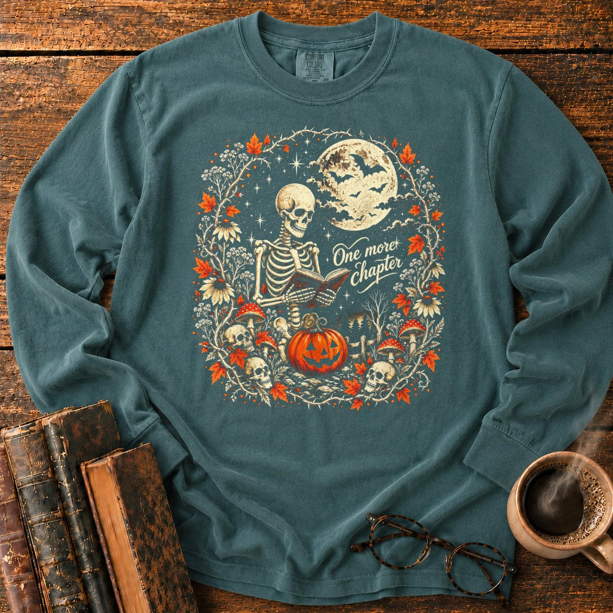 One More Chapter Skeleton Pumpkin LS T-Shirt in Blue Spruce – BooksThreads
