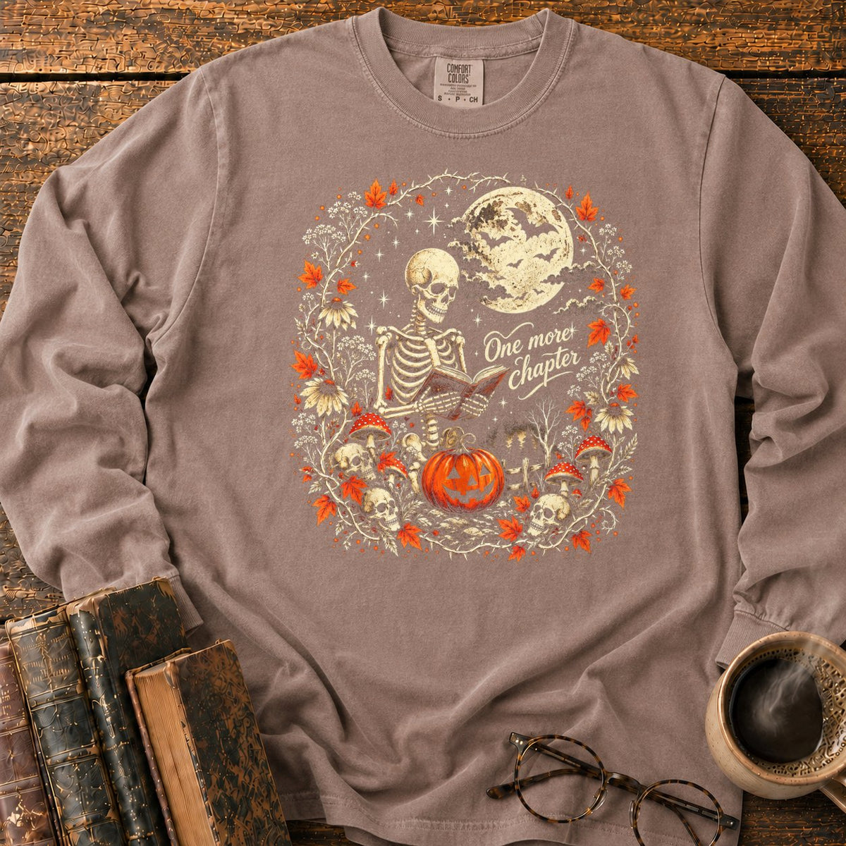 One More Chapter Skeleton Pumpkin LS T-Shirt in Espresso – BooksThreads