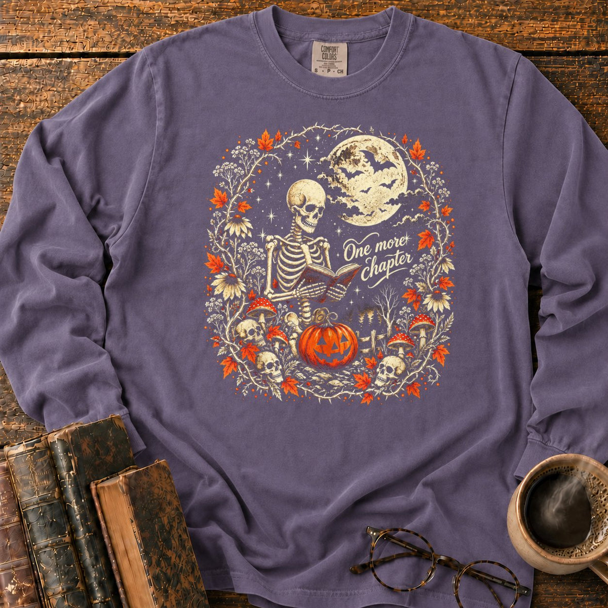One More Chapter Skeleton Pumpkin LS T-Shirt in Grape – BooksThreads