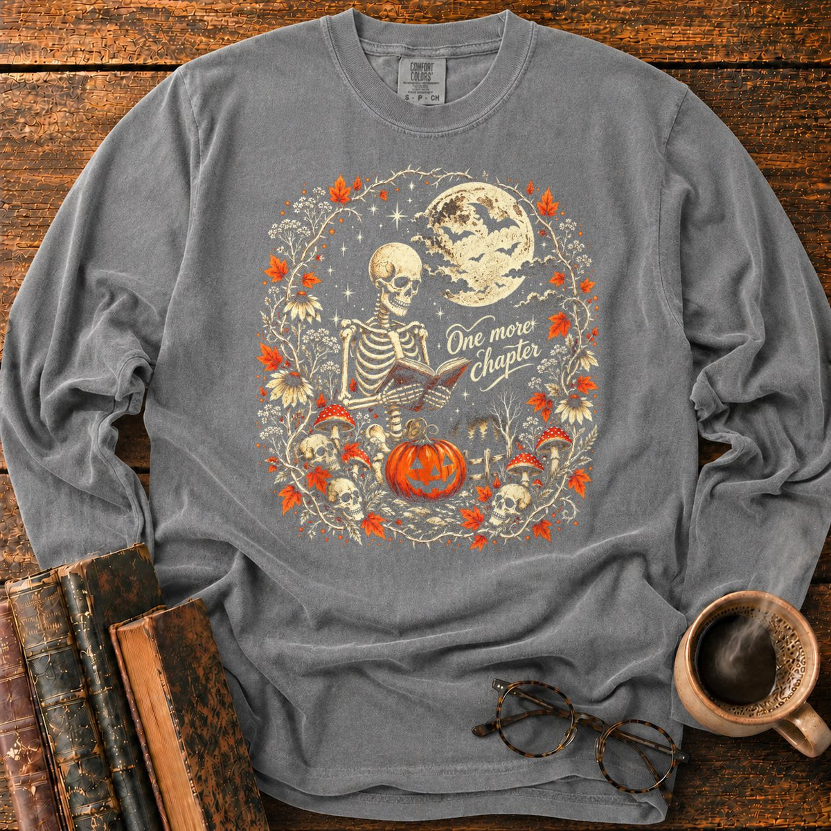 One More Chapter Skeleton Pumpkin LS T-Shirt in Pepper – BooksThreads