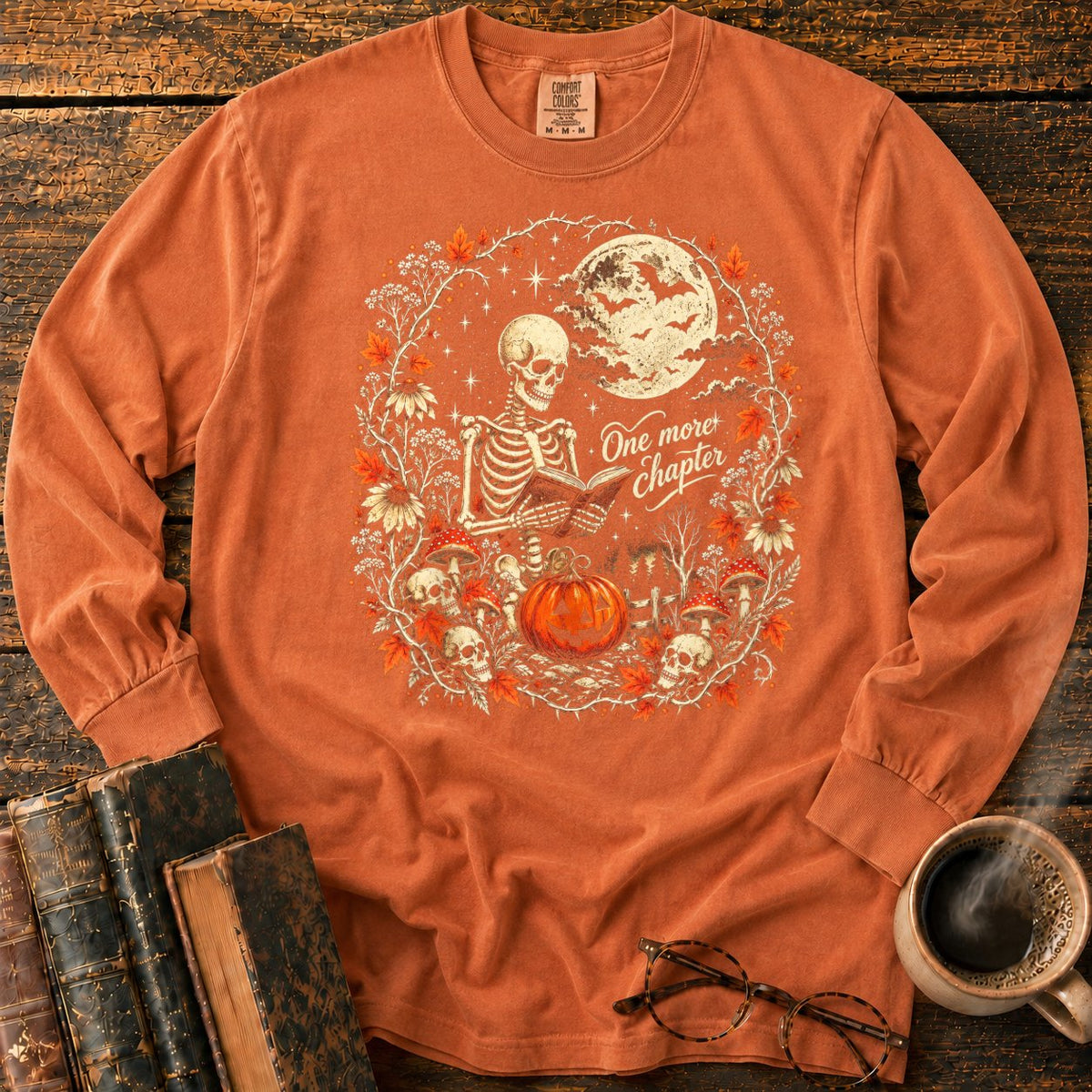 One More Chapter Skeleton Pumpkin LS T-Shirt in Yam – BooksThreads