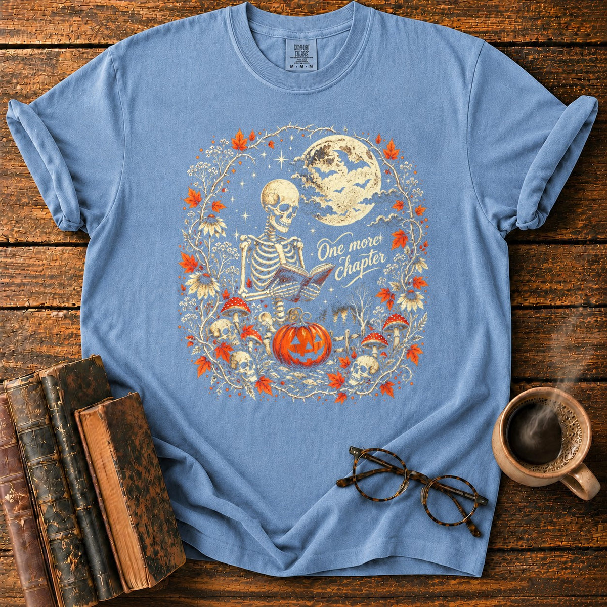 One More Chapter Skeleton Pumpkin T-Shirt in Blue Jean – BooksThreads