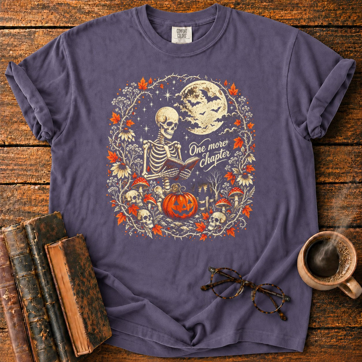One More Chapter Skeleton Pumpkin T-Shirt in Grape – BooksThreads