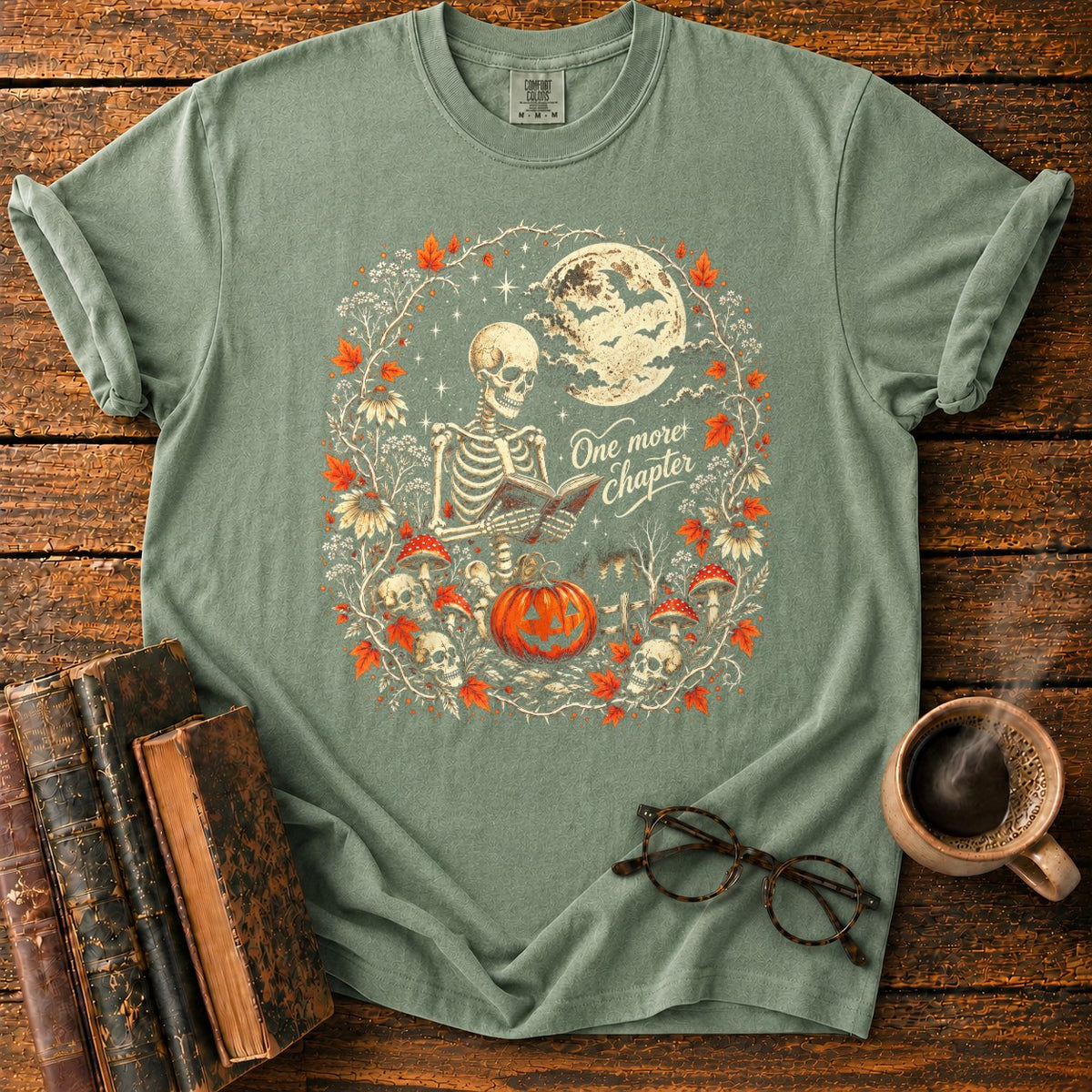 One More Chapter Skeleton Pumpkin T-Shirt in Moss – BooksThreads