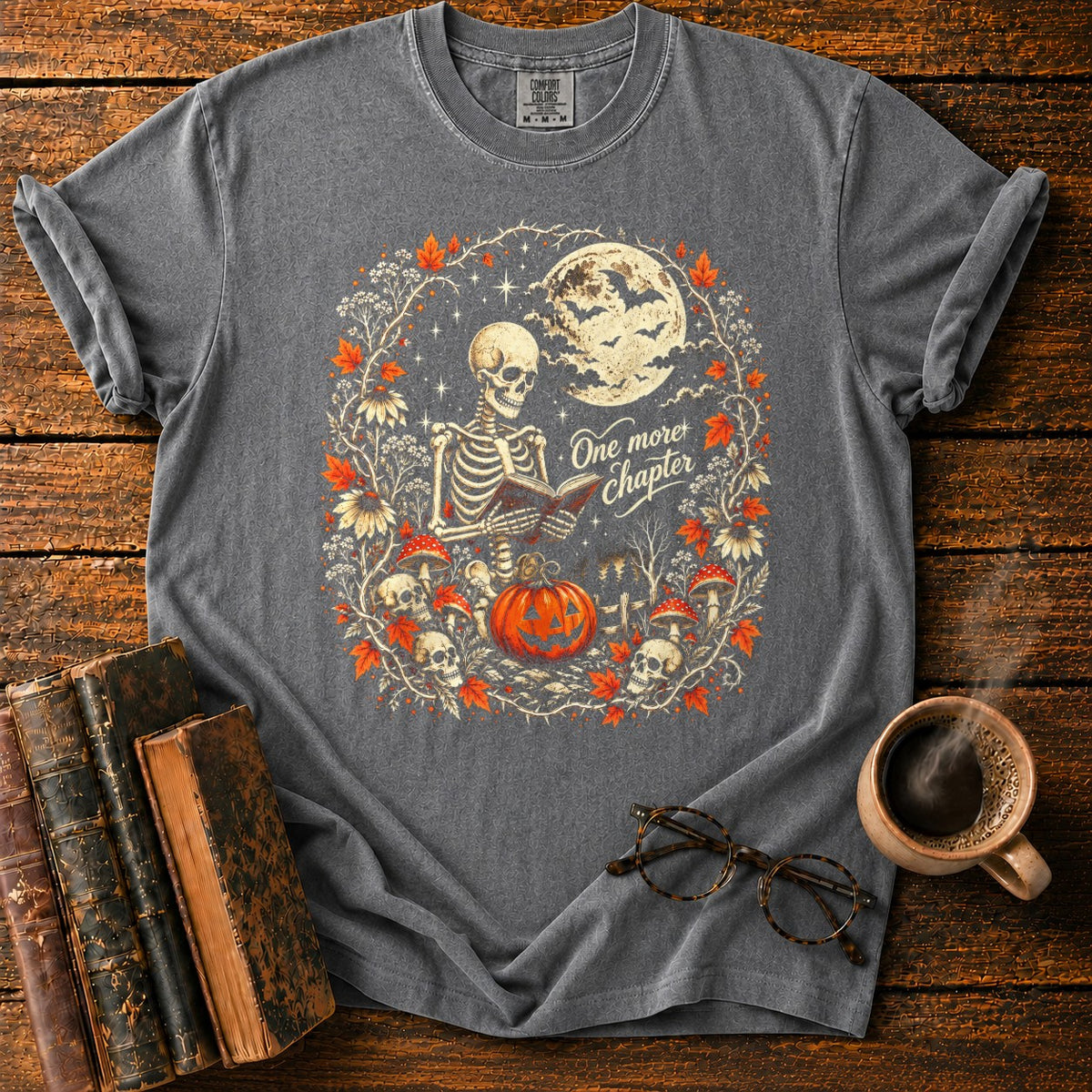 One More Chapter Skeleton Pumpkin T-Shirt in Pepper – BooksThreads