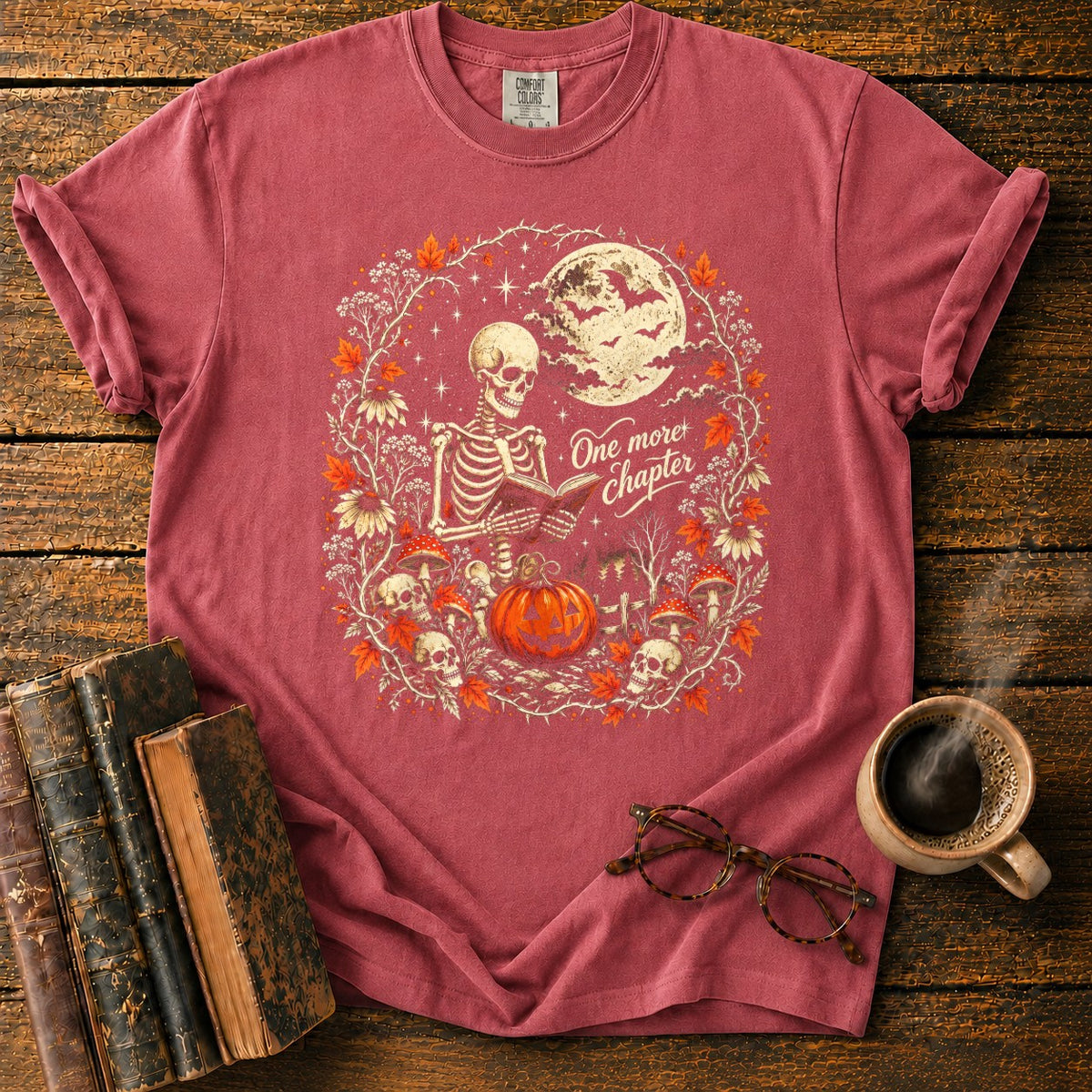 One More Chapter Skeleton Pumpkin T-Shirt in Watermelon – BooksThreads