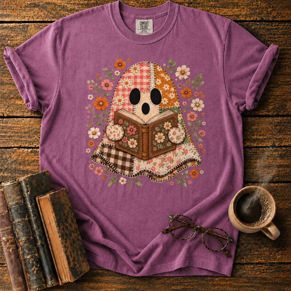 Patchwork Ghost Reading Among Flowers T-Shirt in Berry – BooksThreads