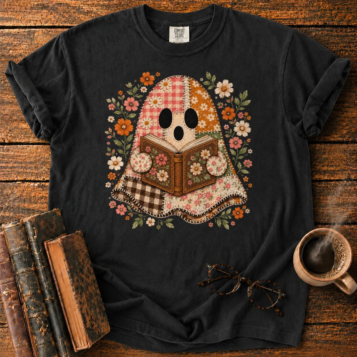 Patchwork Ghost Reading Among Flowers T-Shirt in Black – BooksThreads
