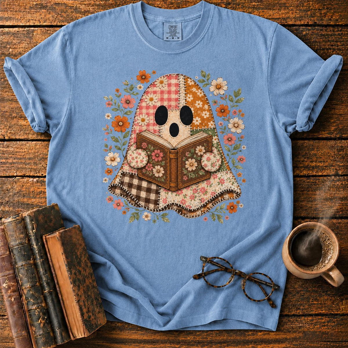 Patchwork Ghost Reading Among Flowers T-Shirt in Blue Jean – BooksThreads