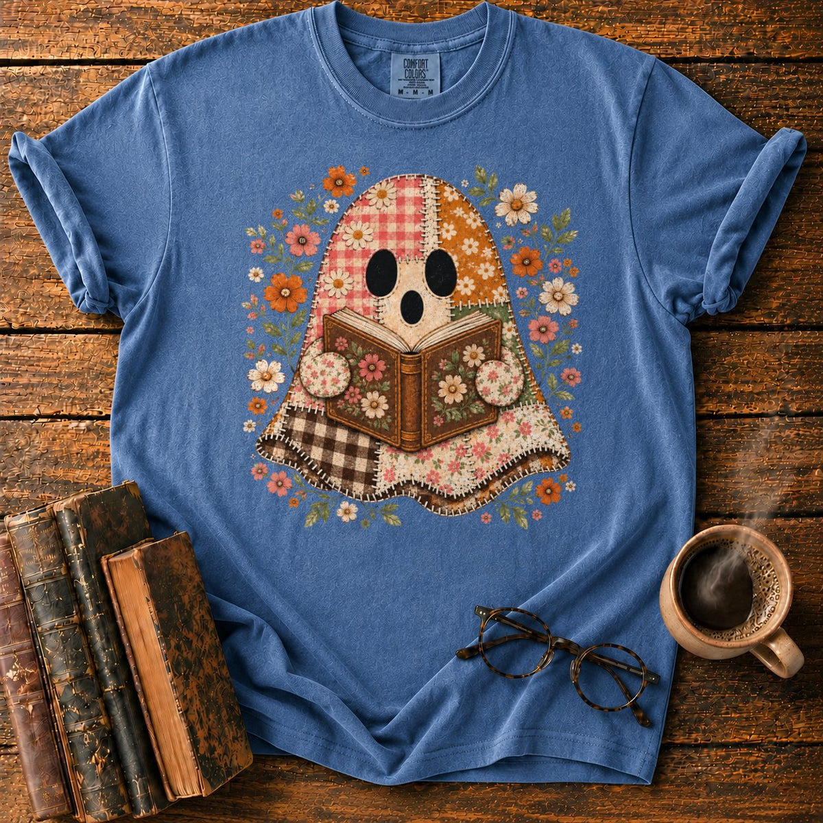 Patchwork Ghost Reading Among Flowers T-Shirt in Denim – BooksThreads