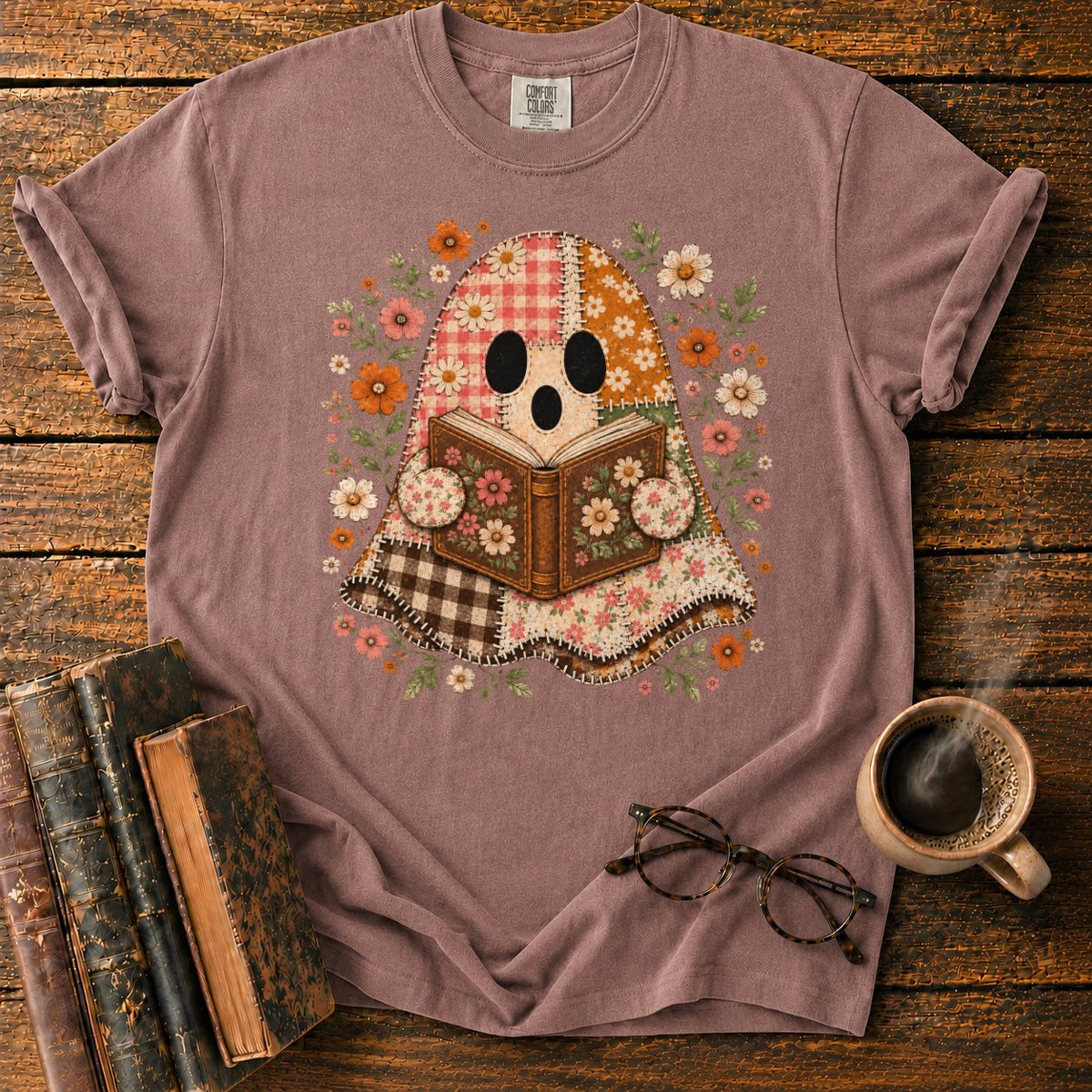 Patchwork Ghost Reading Among Flowers T-Shirt in Espresso – BooksThreads