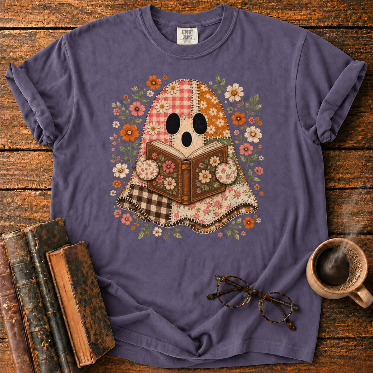 Patchwork Ghost Reading Among Flowers T-Shirt in Grape – BooksThreads