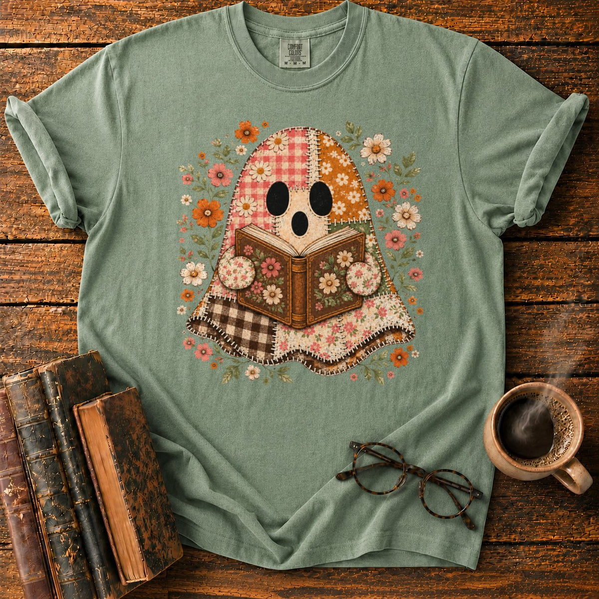 Patchwork Ghost Reading Among Flowers T-Shirt in Moss – BooksThreads