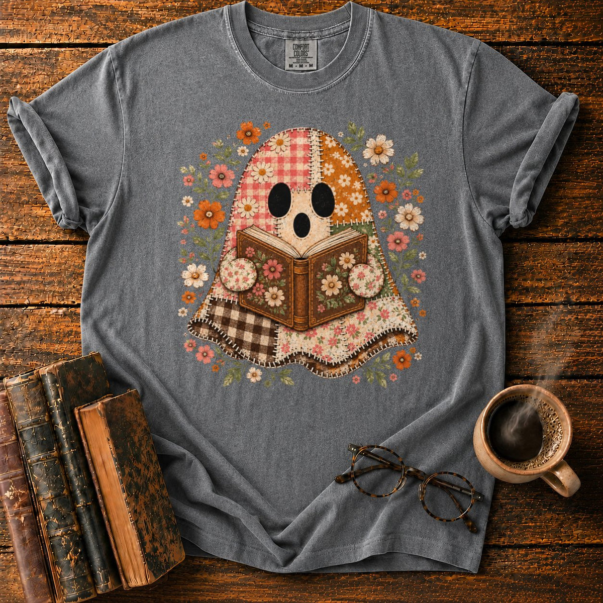 Patchwork Ghost Reading Among Flowers T-Shirt in Pepper – BooksThreads