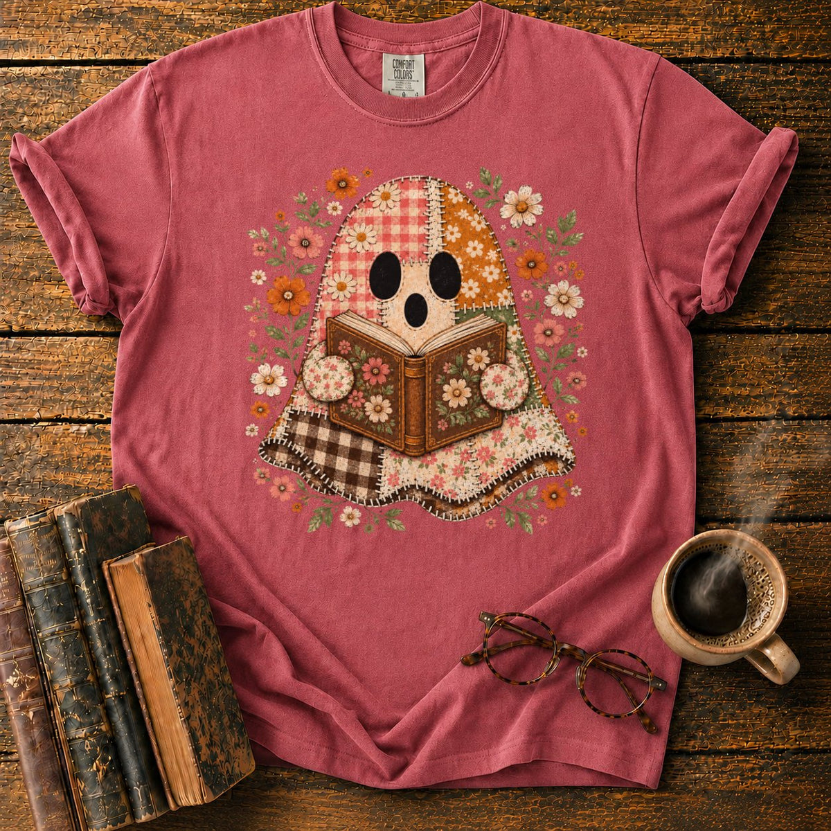 Patchwork Ghost Reading Among Flowers T-Shirt in Watermelon – BooksThreads