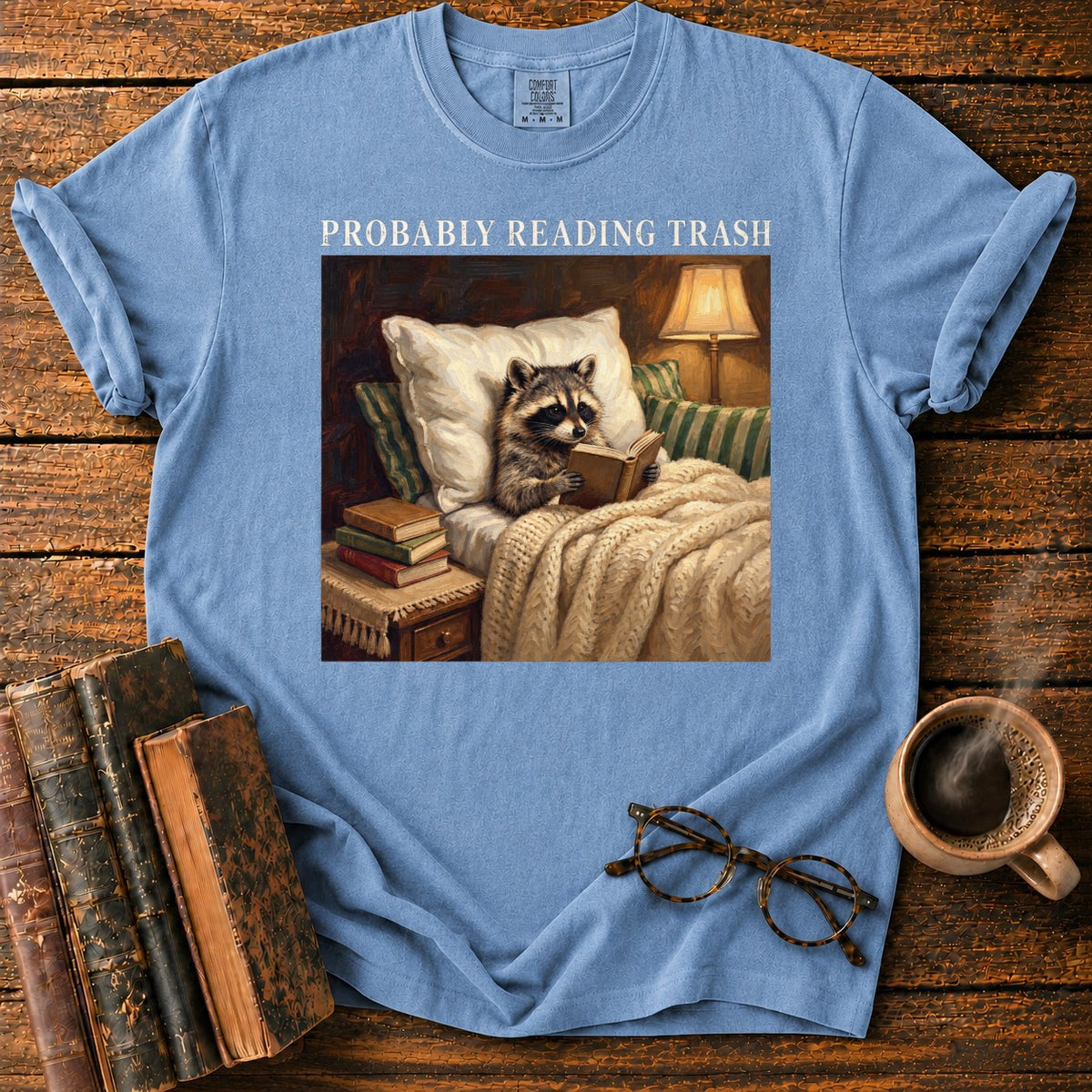 Probably Reading Trash Raccoon T-Shirt in Blue Jean – BooksThreads